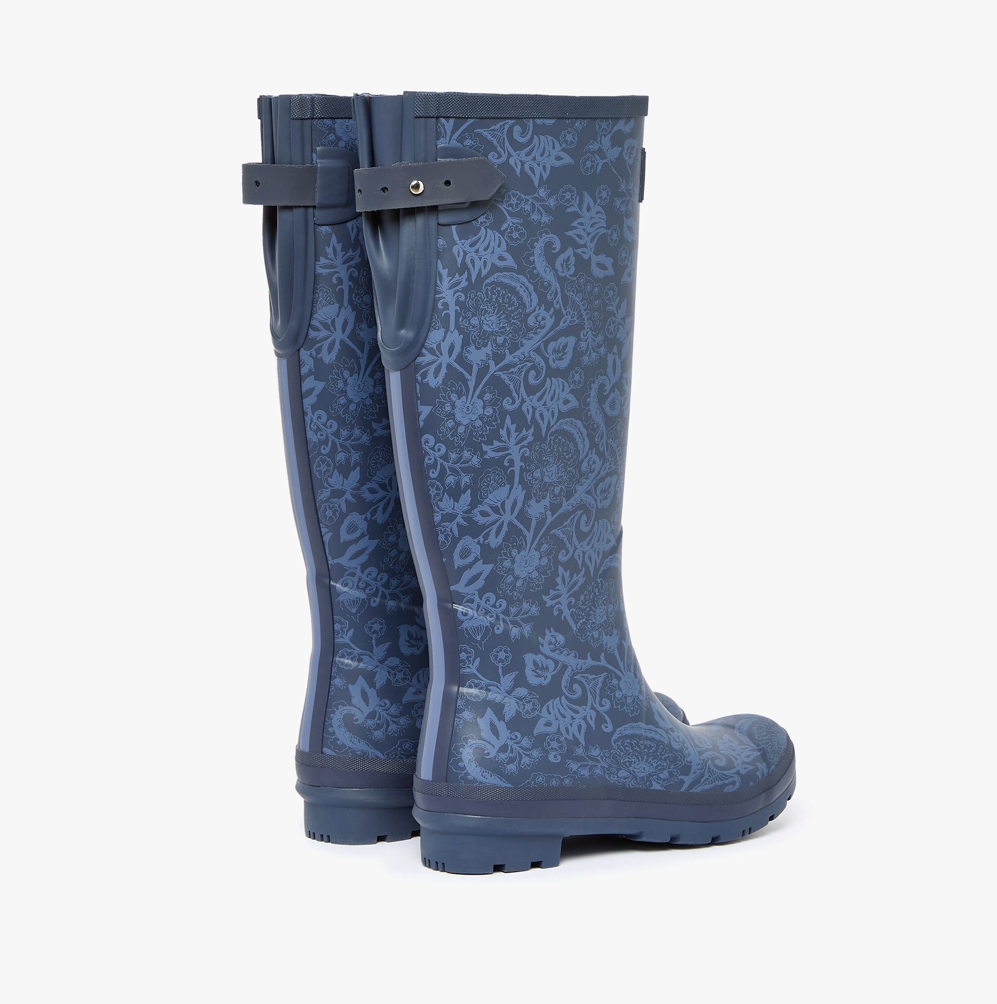 Joules WELLYPRINT Womens Wellies Navy Floral back view, featuring a floral design and rubber construction.