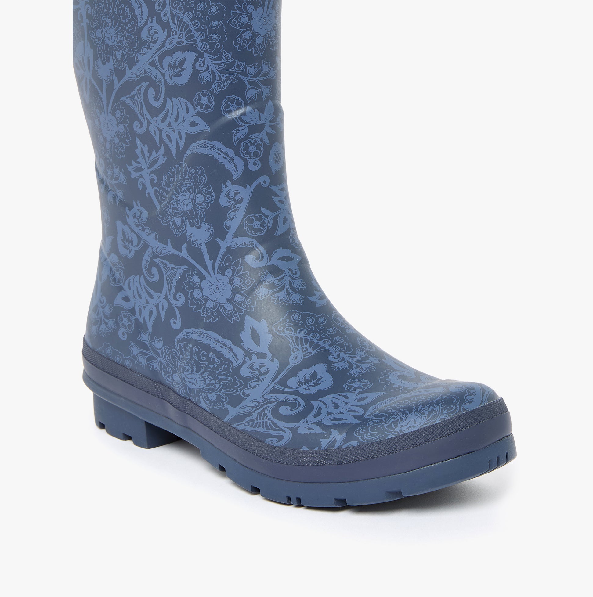 Joules WELLYPRINT Womens Wellies Navy Floral side view showing rubber upper and floral design.