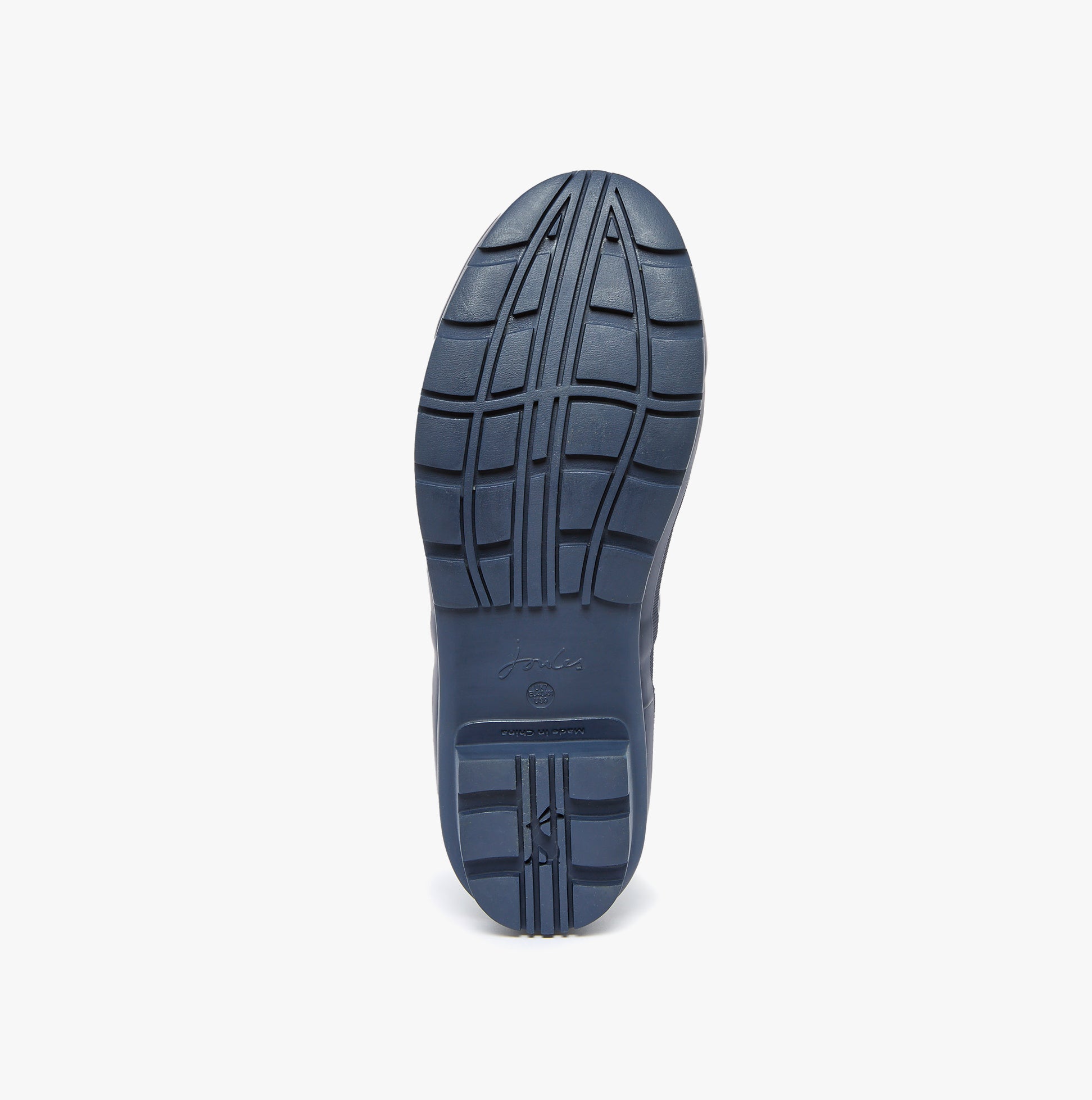 Joules WELLYPRINT Womens Wellies Navy Floral sole view showing rubber grip pattern and low heel.