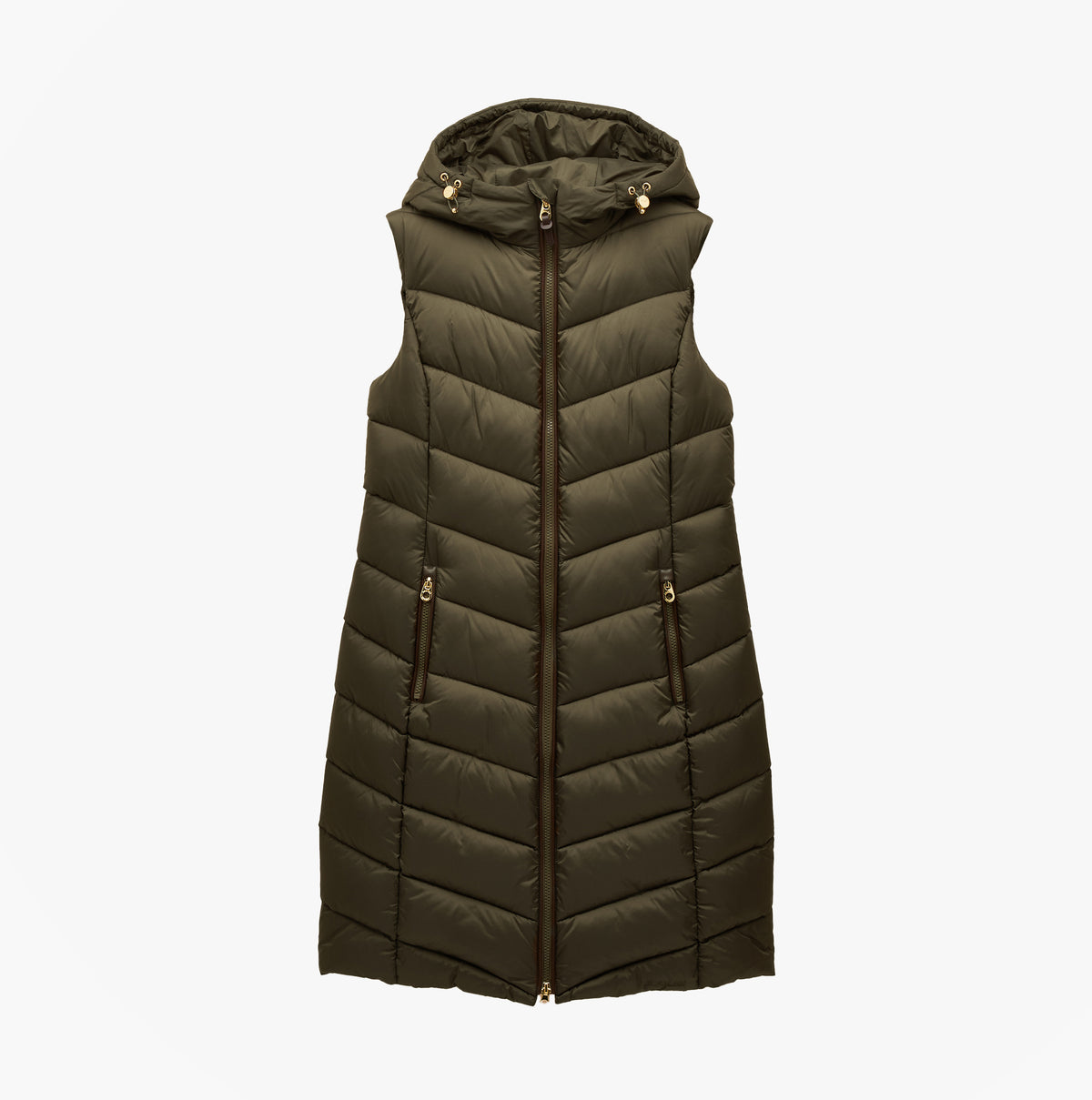 Joules MOORSDALE Womens Longline Showerproof Padded Gilet Green front view showcasing zip closure and hood.