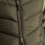 Joules MOORSDALE Womens Longline Showerproof Padded Gilet Green zip detail view showcasing the quilted design and zipper.
