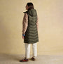 Joules MOORSDALE Womens Longline Showerproof Padded Gilet Green back view with hood, featuring chevron design and sleeveless style.