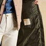 Joules MOORSDALE Womens Longline Showerproof Padded Gilet Green interior detail view showcasing lining and label.