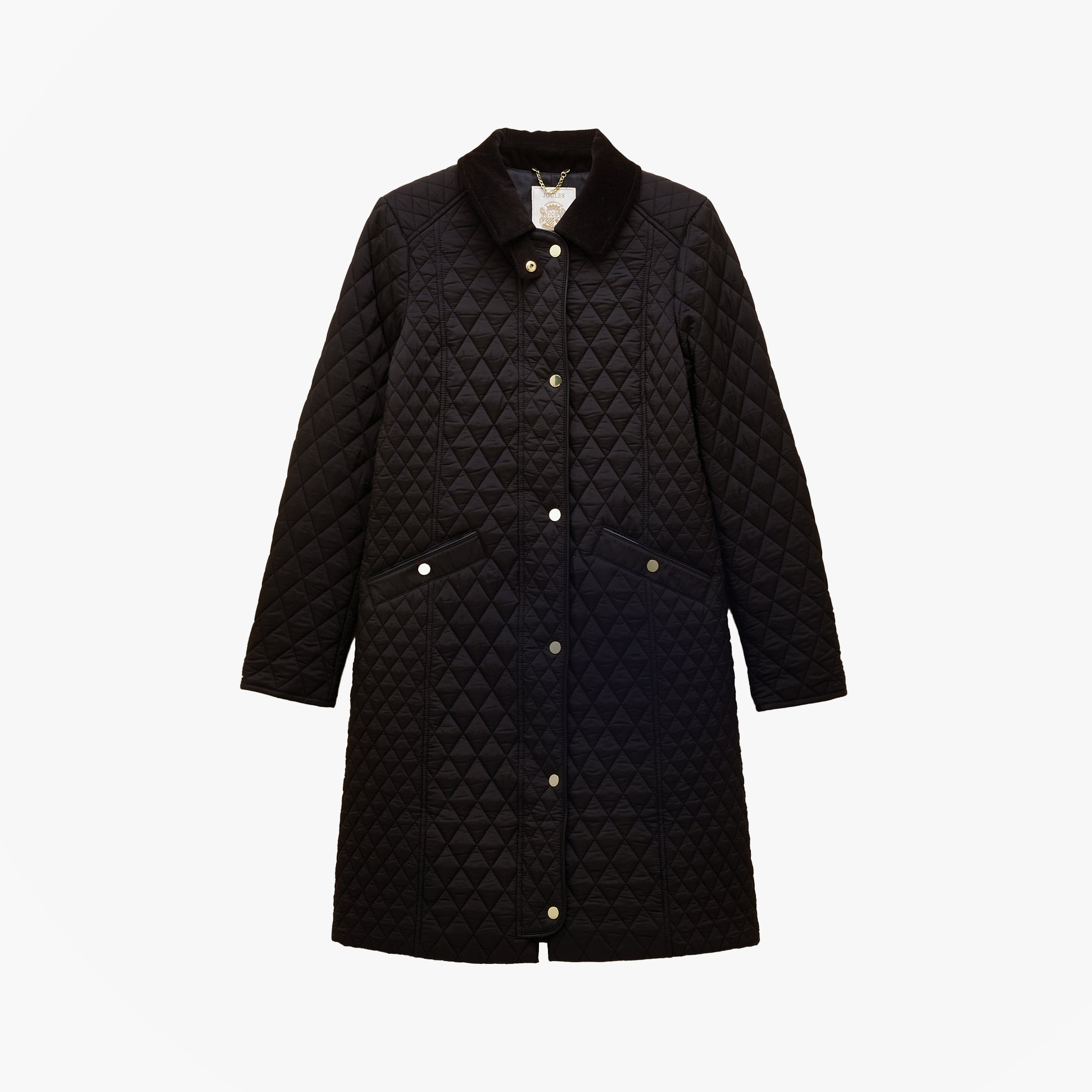 Joules ROSEWELL Longline Quilted Showerproof Coat with Collar Black front view showcasing button fastening and quilted design.
