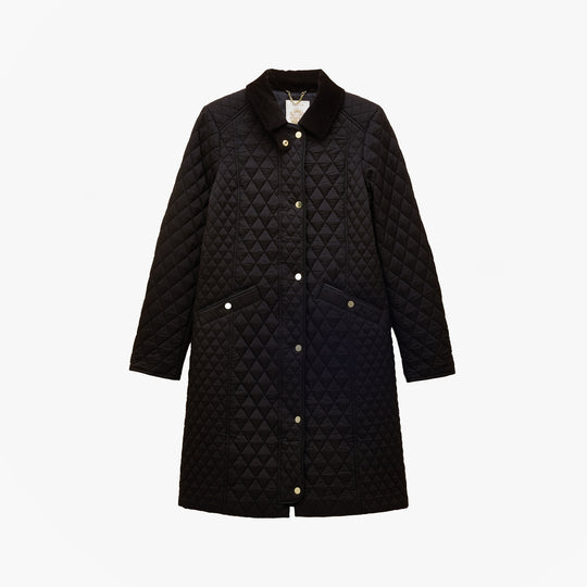 Joules ROSEWELL Longline Quilted Showerproof Coat with Collar Black front view showcasing button fastening and quilted design.