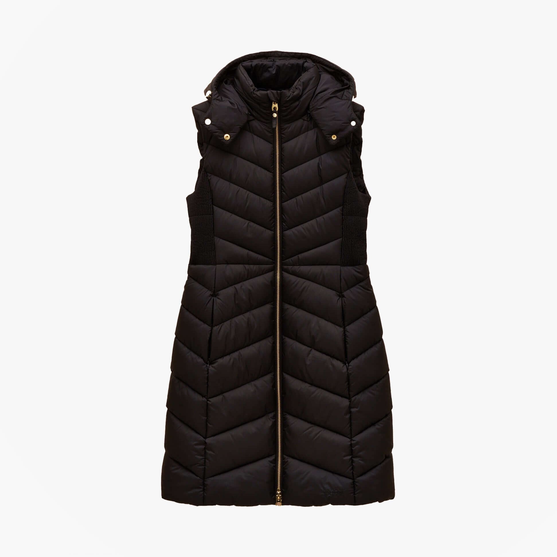 Joules PEMBURY Black Longline Showerproof Padded Gilet with Hood Black front view showing zip fastening and quilted design.