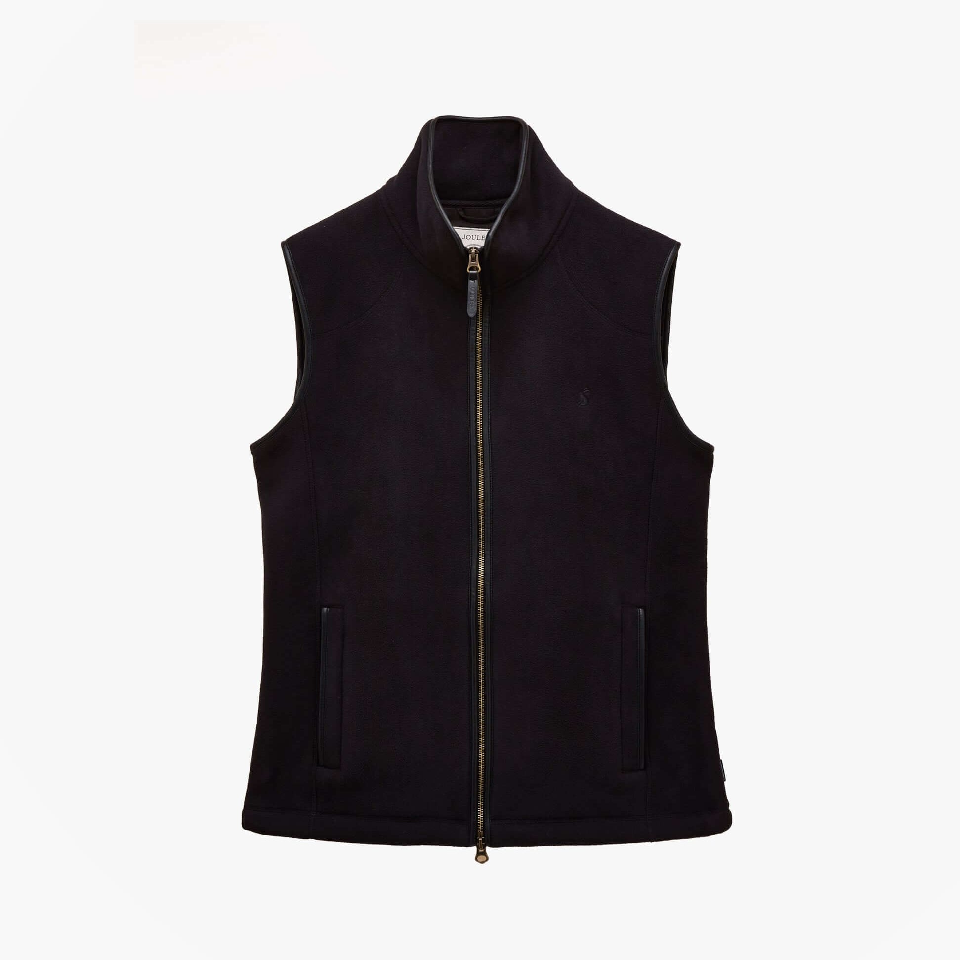 Joules HERITAGE FLEECE Mens Gilet Black front view, sleeveless, zip closure, made from 100% recycled polyester.