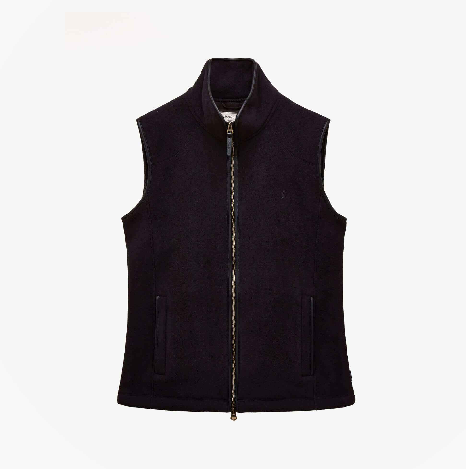 Joules HERITAGE FLEECE Mens Gilet Black front view, sleeveless, zip closure, made from 100% recycled polyester.