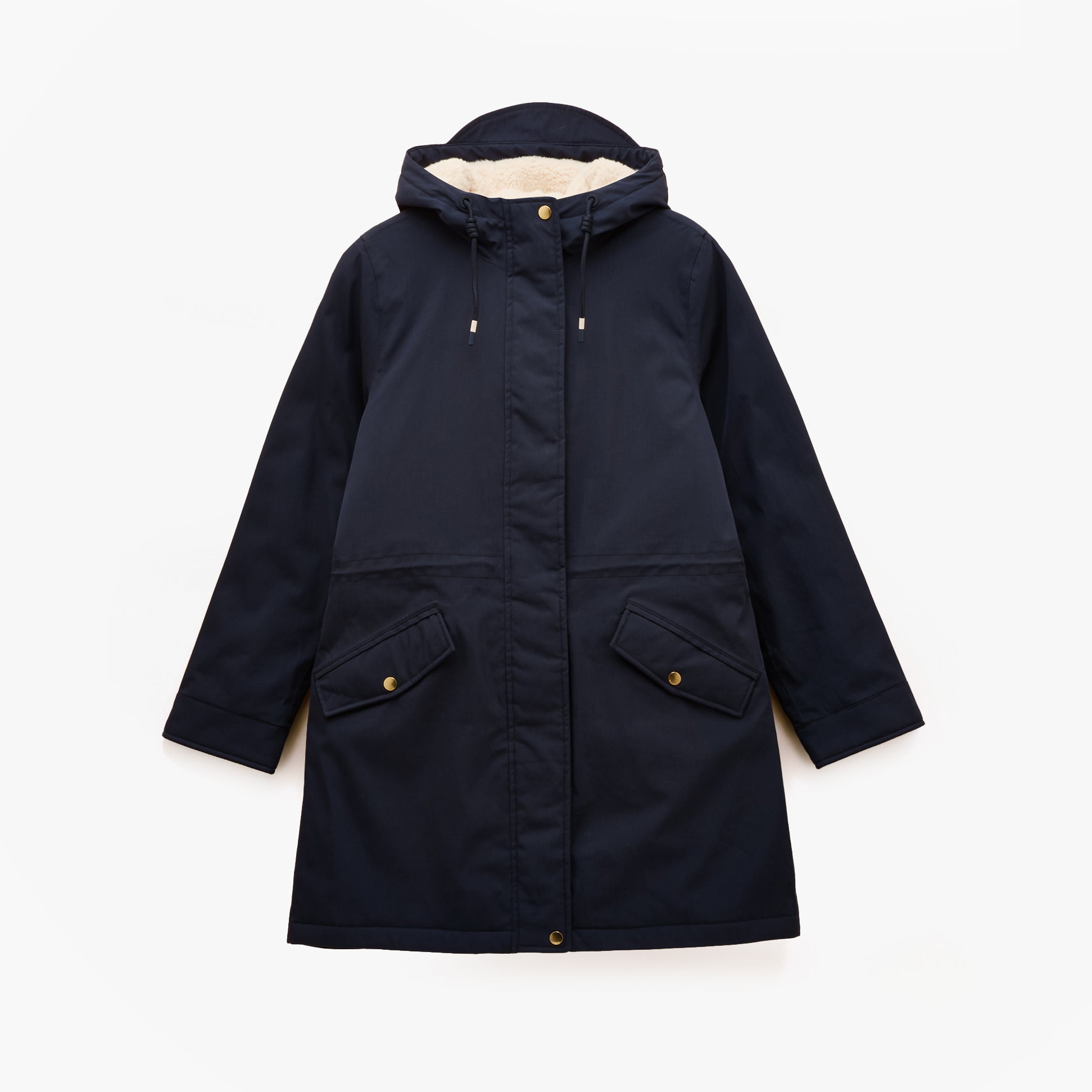 Joules PORTWELL Waterproof Hoodie Raincoat With Adjustable Waist Navy front view, featuring button and zip closure, long sleeves.