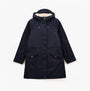 Joules PORTWELL Waterproof Hoodie Raincoat With Adjustable Waist Navy front view, featuring button and zip closure, long sleeves.