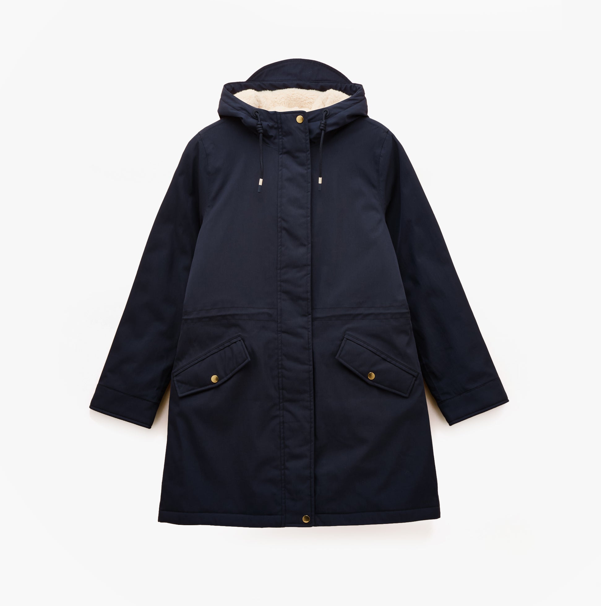 Joules PORTWELL Waterproof Hoodie Raincoat With Adjustable Waist Navy front view, featuring button and zip closure, long sleeves.