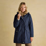 Joules PORTWELL Waterproof Hoodie Raincoat With Adjustable Waist Navy front view, model wearing raincoat, casual style.