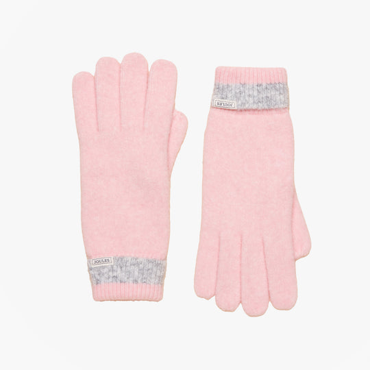 Joules POPLEY STRIPE Womens Gloves Pink/Grey detail view of gloves showing pink and grey colors.