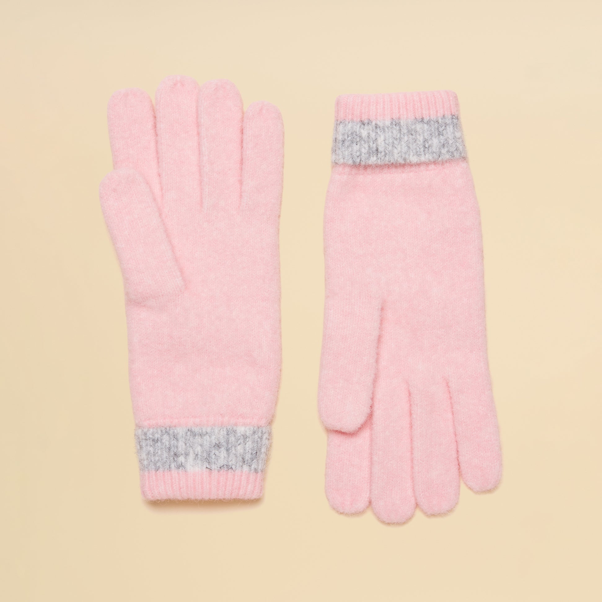 Joules POPLEY STRIPE Womens Gloves Pink/Grey front view with pink body and grey striped cuffs.