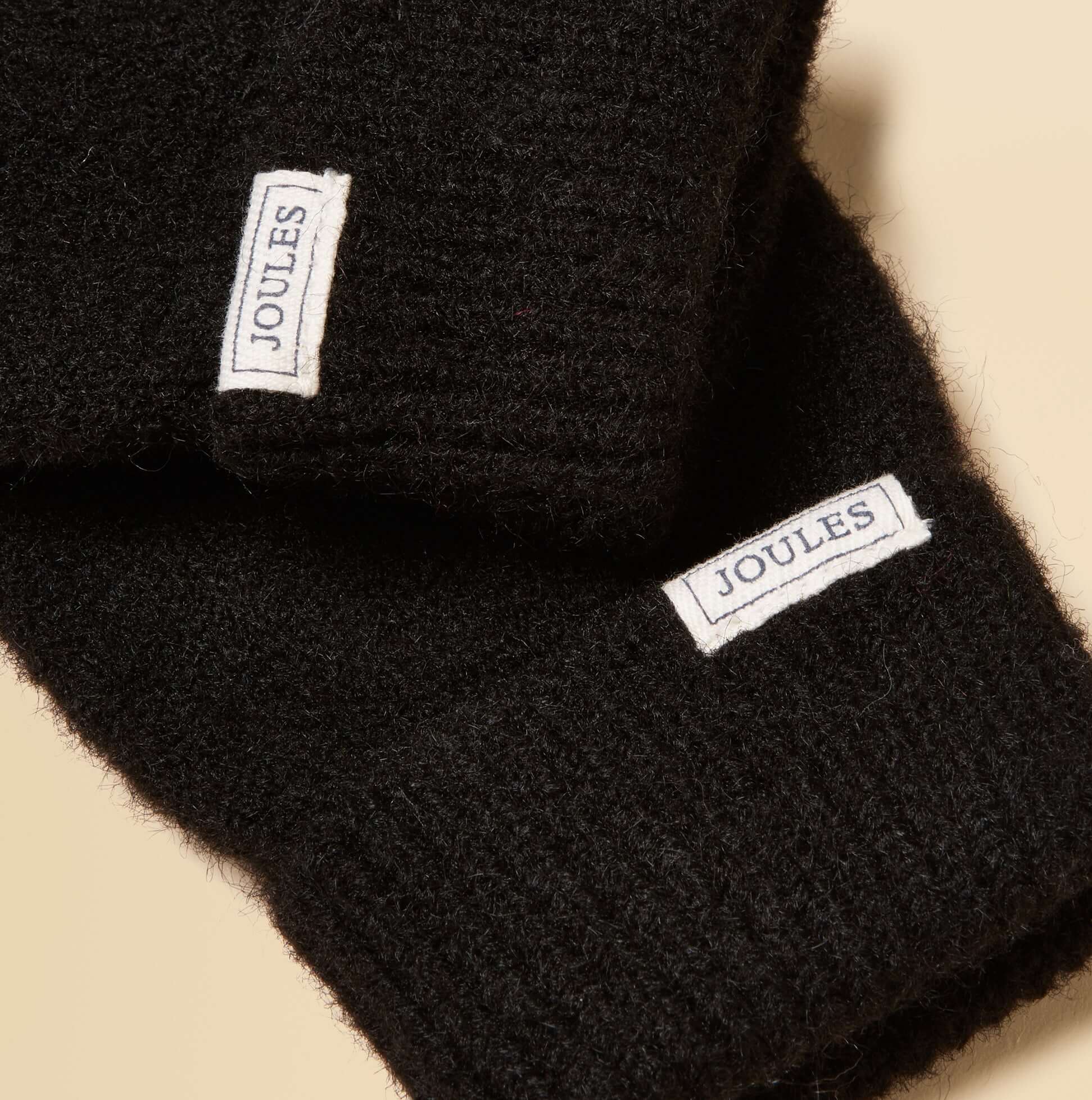 Joules ROSA Womens Gloves Black detail view showcasing the brand labels on black fabric