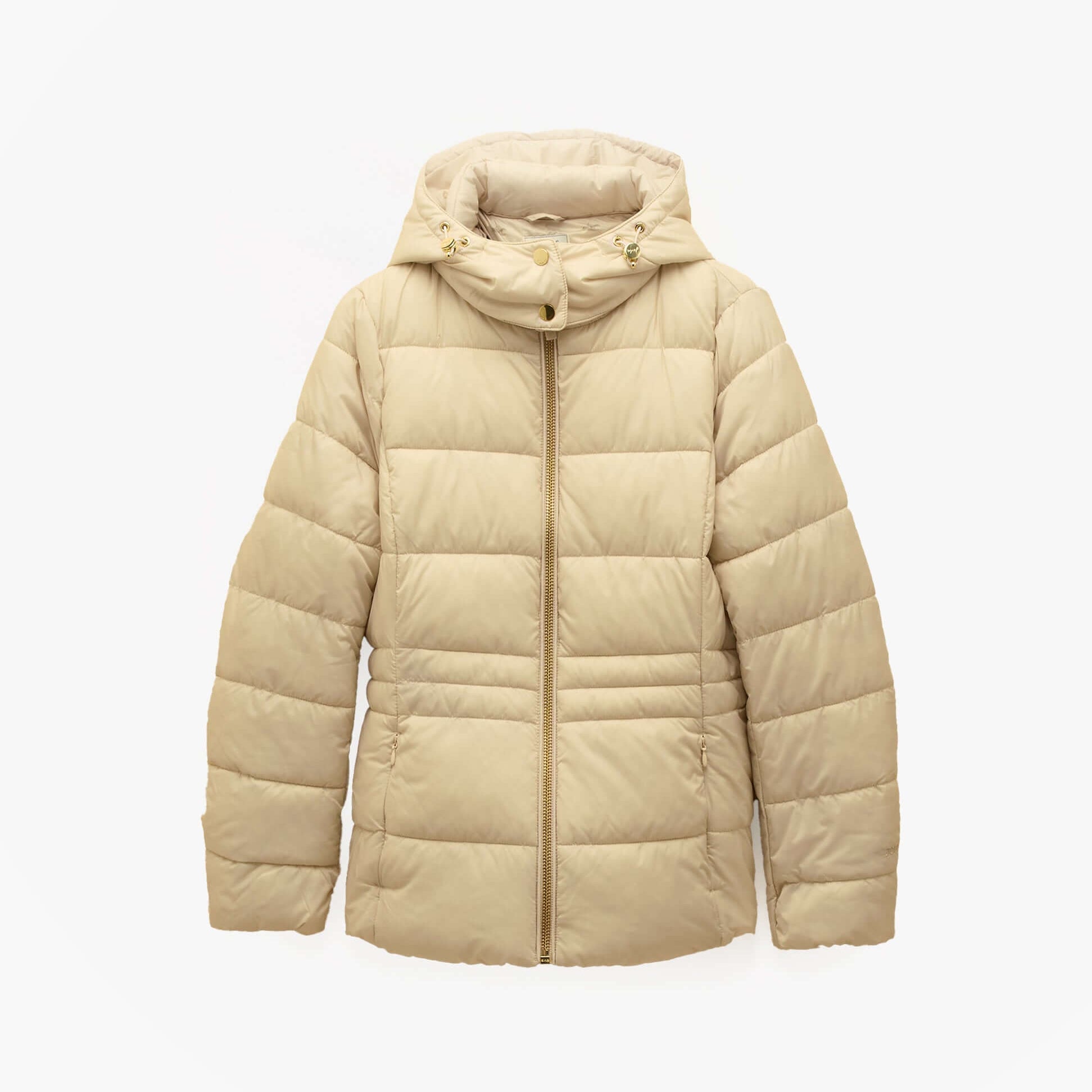 Joules HADLOW Womens Padded Short Coat Neutral front view showcasing the beige zip-up design with a hood.