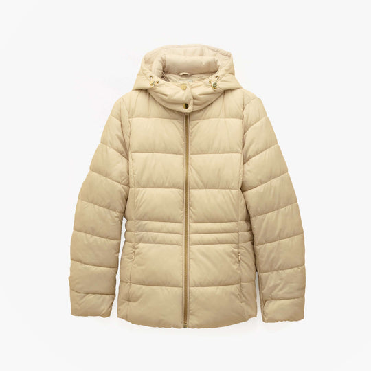 Joules HADLOW Womens Padded Short Coat Neutral front view showcasing the beige zip-up design with a hood.