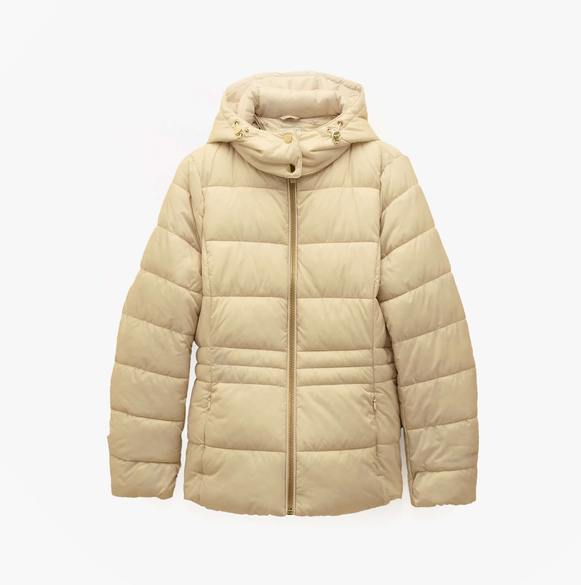 Joules HADLOW Womens Padded Short Coat Neutral front view showcasing the beige zip-up design with a hood.