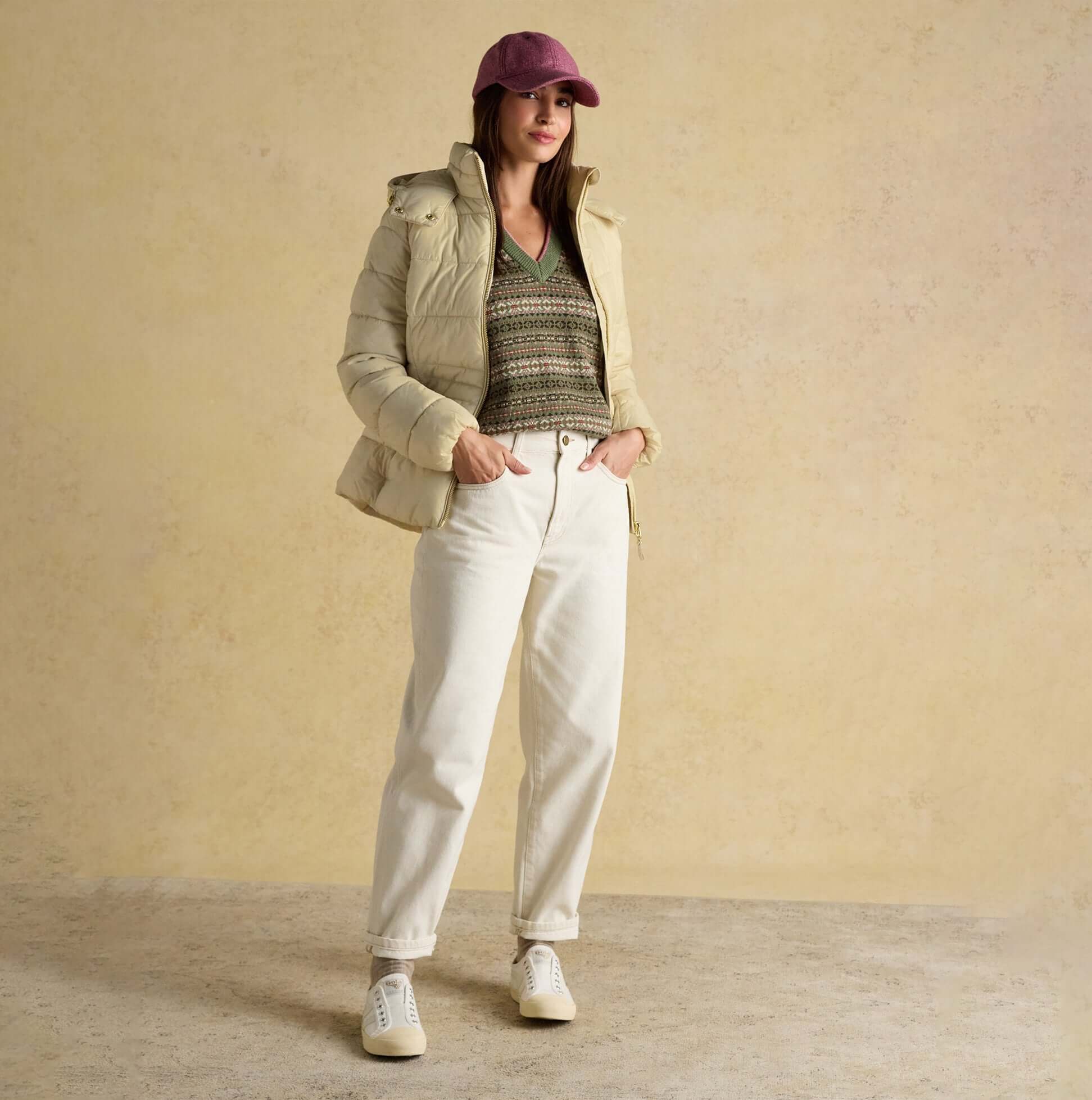 Joules HADLOW Womens Padded Short Coat Neutral front view, styled with casual outfit and cap.