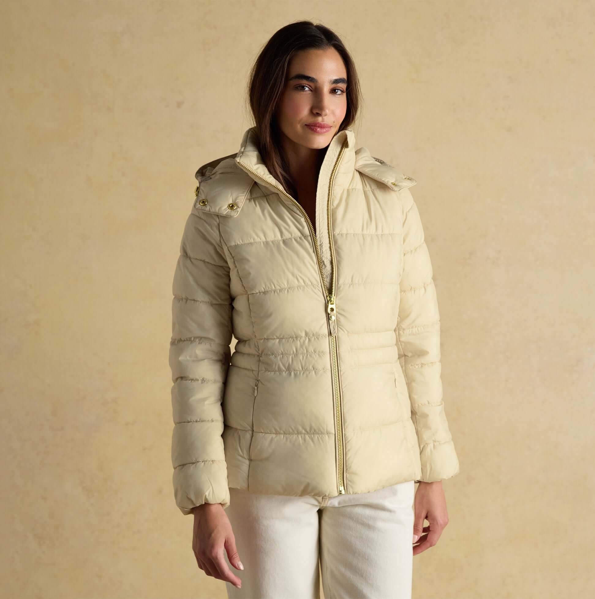 Joules HADLOW Womens Padded Short Coat Neutral front view, zip closure, 100% polyester, stylish and warm design.