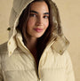 Joules HADLOW Womens Padded Short Coat Neutral front view, featuring a hood and zipper closure.