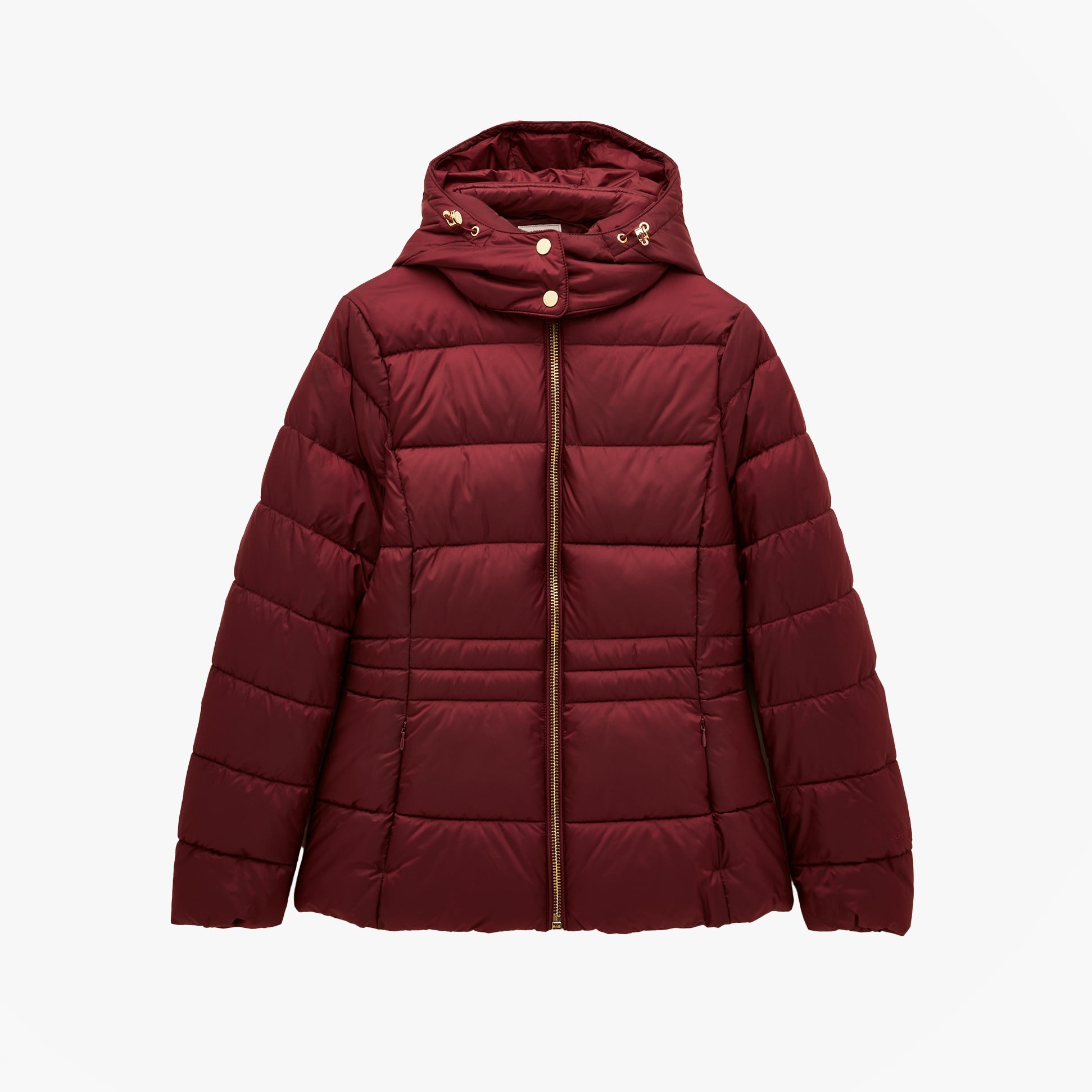 Joules HADLOW Womens Padded Short Coat Red front view showing zip closure and hood.