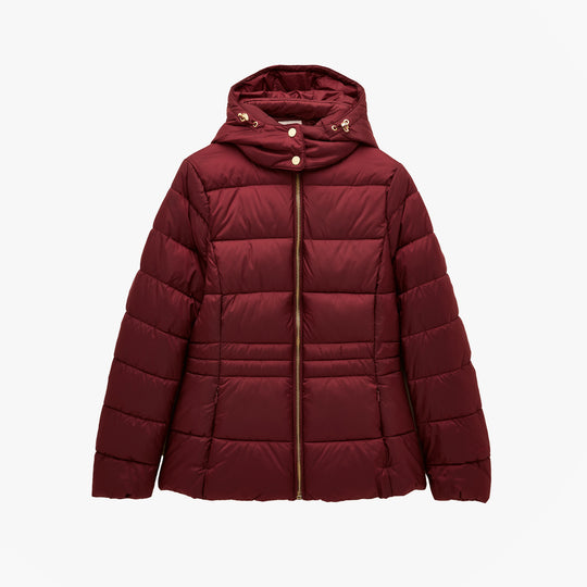 Joules HADLOW Womens Padded Short Coat Red front view showing zip closure and hood.