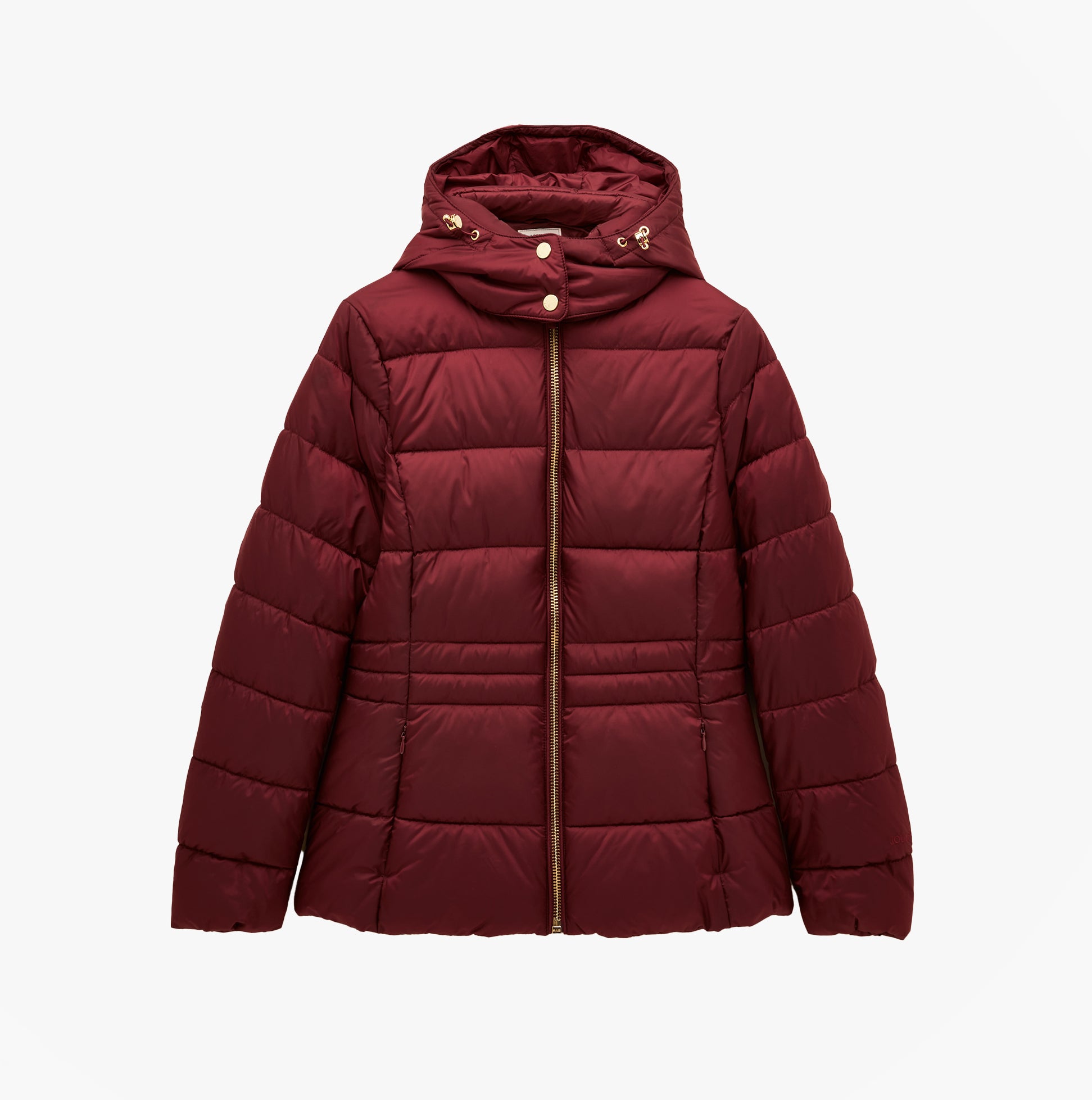 Joules HADLOW Womens Padded Short Coat Red front view showing zip closure and hood.