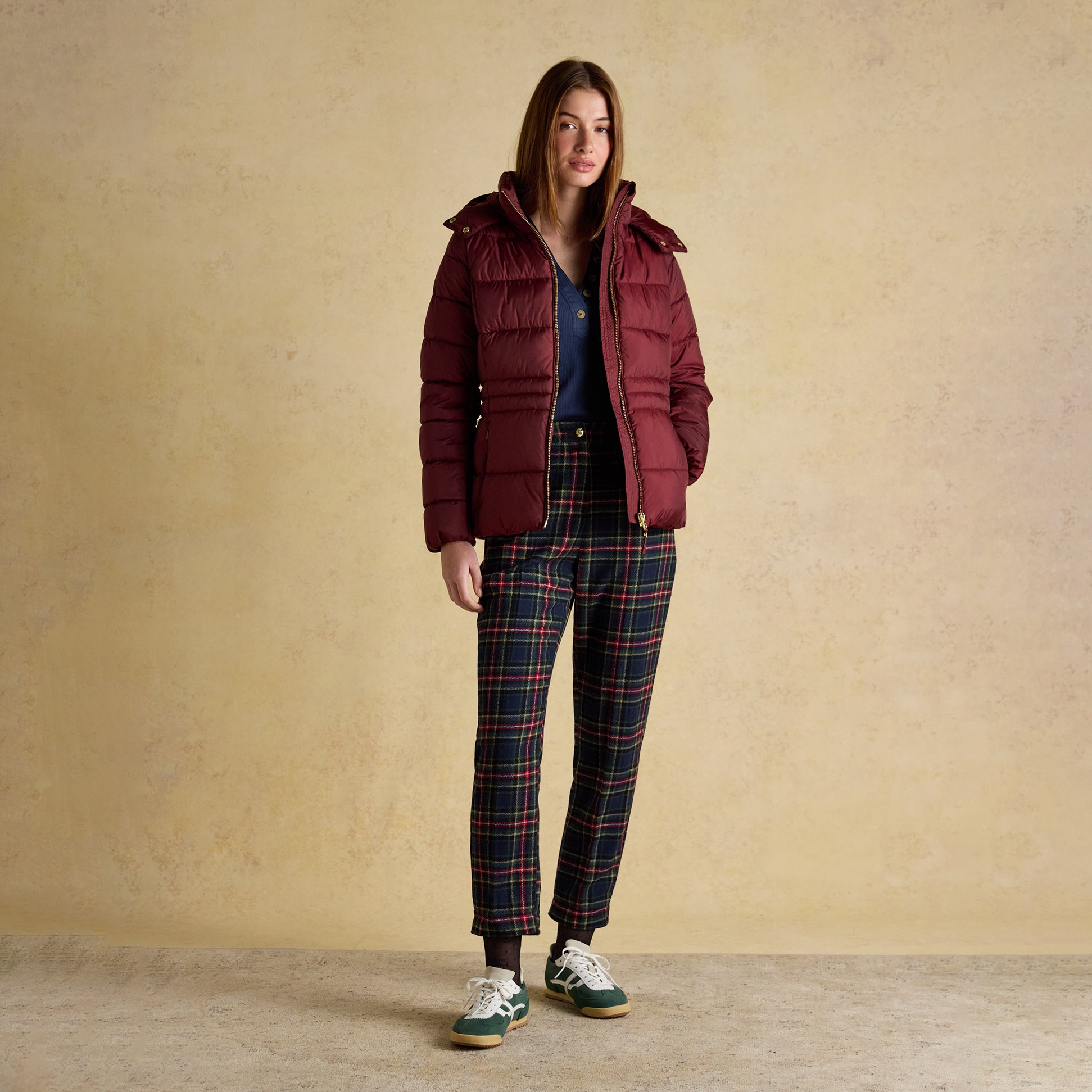 Joules HADLOW Womens Padded Short Coat Red front view, styled with patterned trousers and casual shoes.