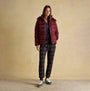 Joules HADLOW Womens Padded Short Coat Red front view, styled with patterned trousers and casual shoes.