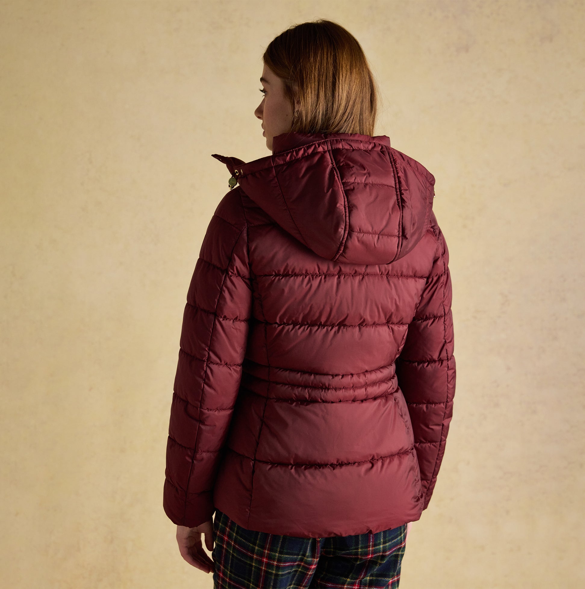 Joules HADLOW Womens Padded Short Coat Red back view showcasing the hood and quilted design.