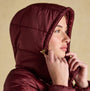 Joules HADLOW Womens Padded Short Coat Red, detail view of hooded design showcasing the zip closure and stylish fit.