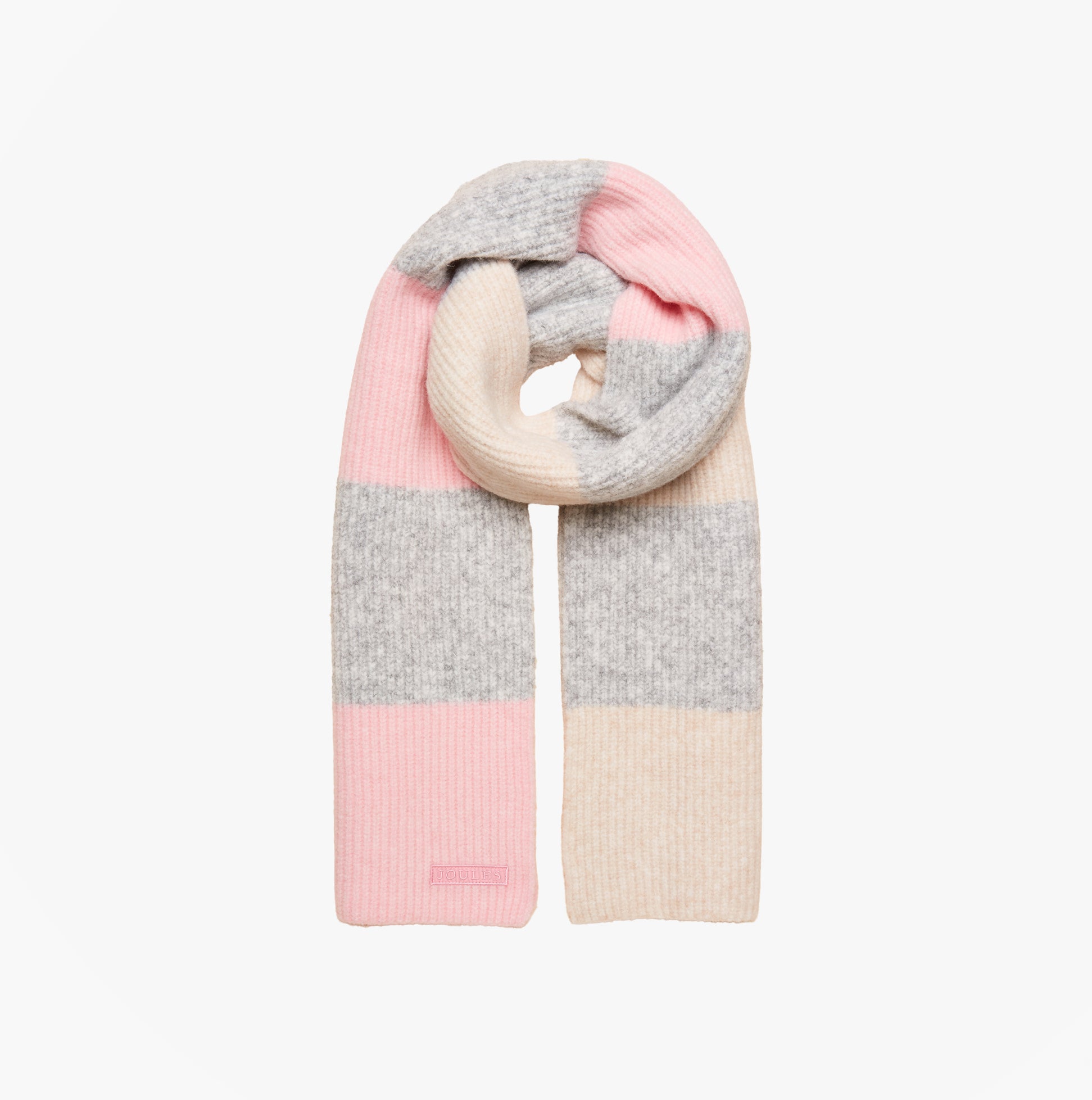Joules POPLEY STRIPE Womens Winter Pink/Grey front view, stylish scarf with blocks of pink, grey, and cream tones.