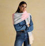 Joules POPLEY STRIPE Womens Winter Pink/Grey front view model wearing scarf with pink and grey stripes