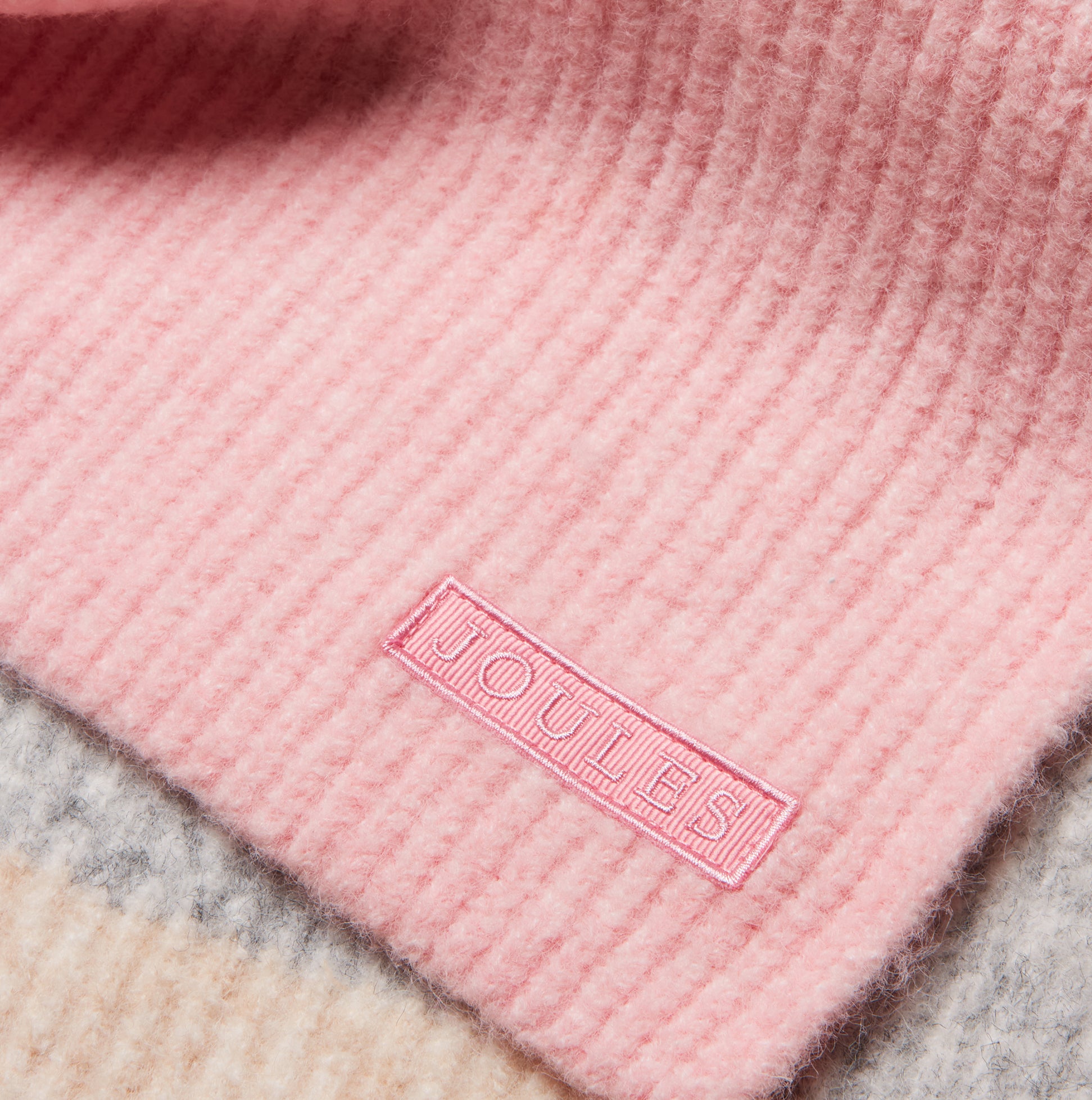 Joules POPLEY STRIPE Womens Winter Pink/Grey detail view of pink fabric with logo, showcasing soft texture and design.
