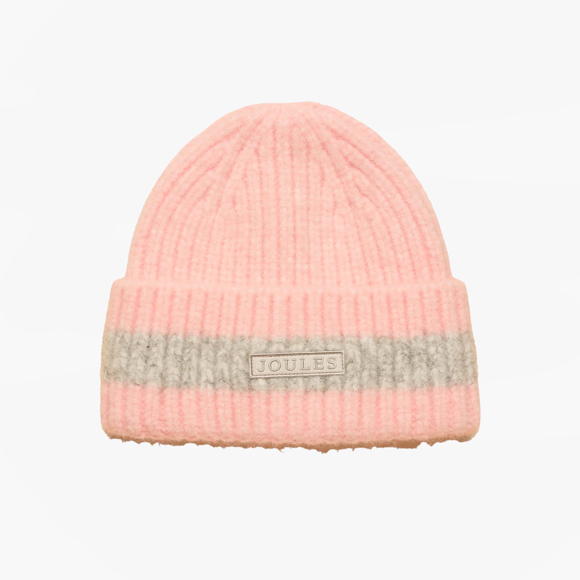 Joules POPLEY STRIPE Womens Beanie Pink/Grey front view showing ribbed knit design and logo detail.