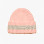 Joules POPLEY STRIPE Womens Beanie Pink/Grey front view showing ribbed knit design and logo detail.
