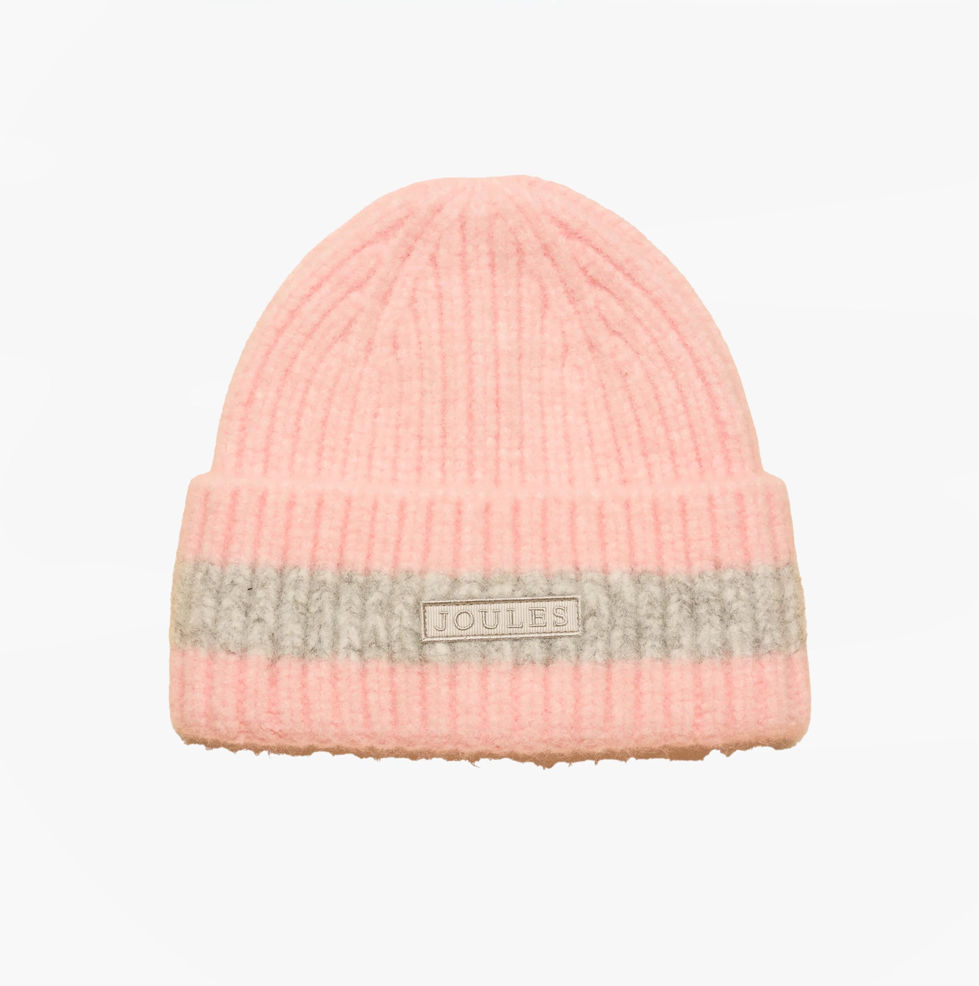 Joules POPLEY STRIPE Womens Beanie Pink/Grey front view showing ribbed knit design and logo detail.