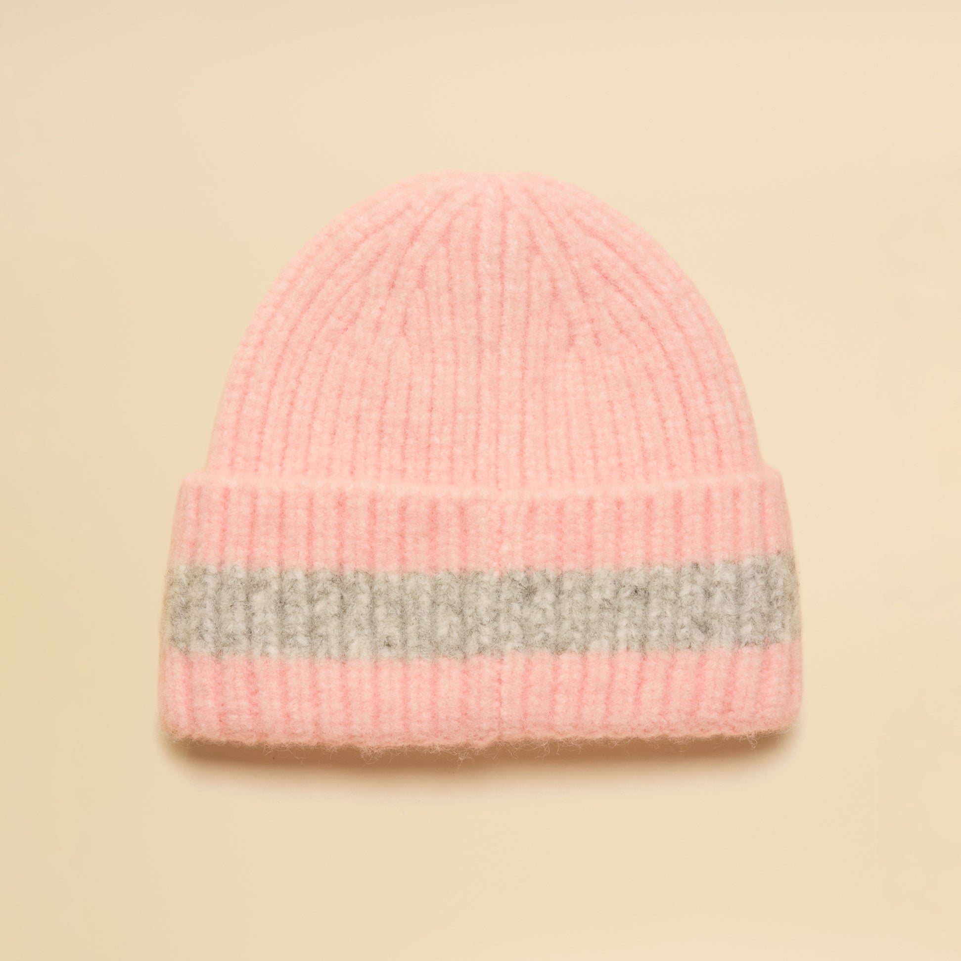 Joules POPLEY STRIPE Womens Beanie Pink/Grey top view showing ribbed texture and color patterns.