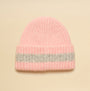Joules POPLEY STRIPE Womens Beanie Pink/Grey top view showing ribbed texture and color patterns.