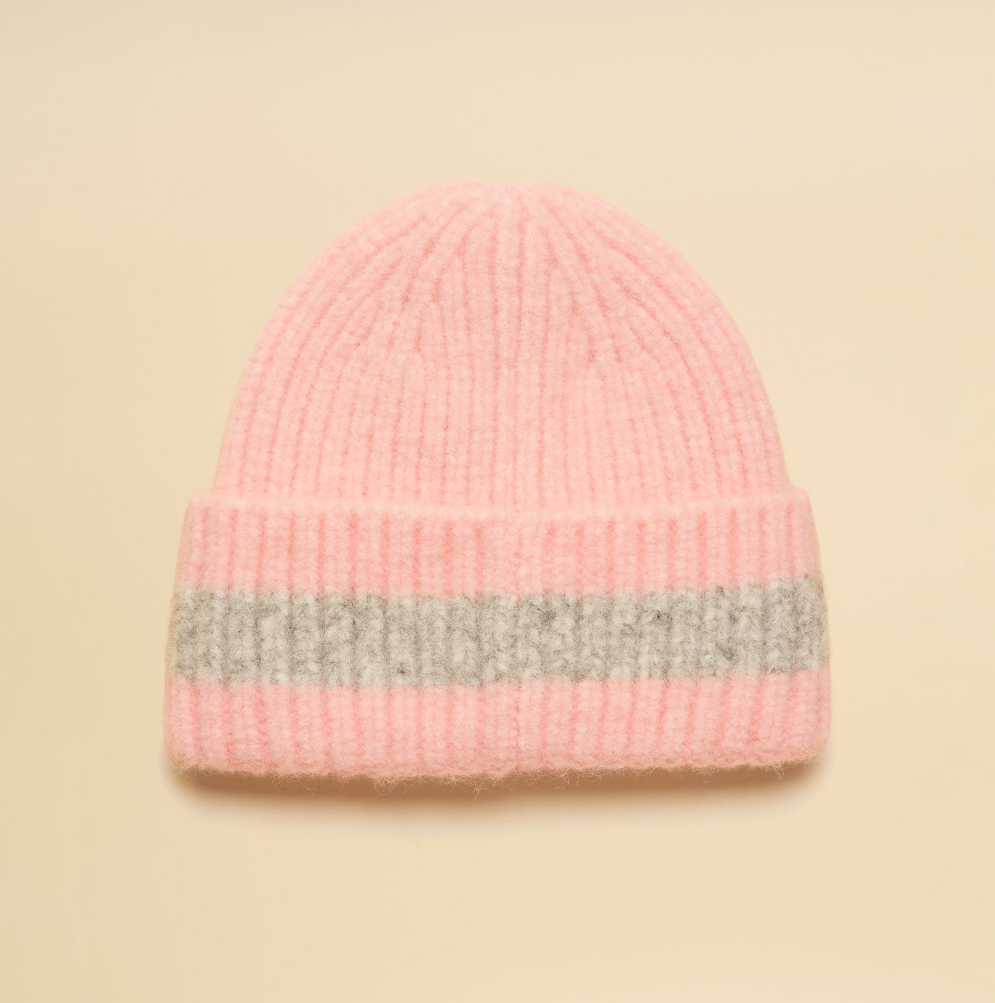 Joules POPLEY STRIPE Womens Beanie Pink/Grey top view showing ribbed texture and color patterns.