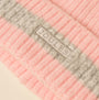 Detail view of Joules POPLEY STRIPE Womens Beanie Pink/Grey featuring the brand label.
