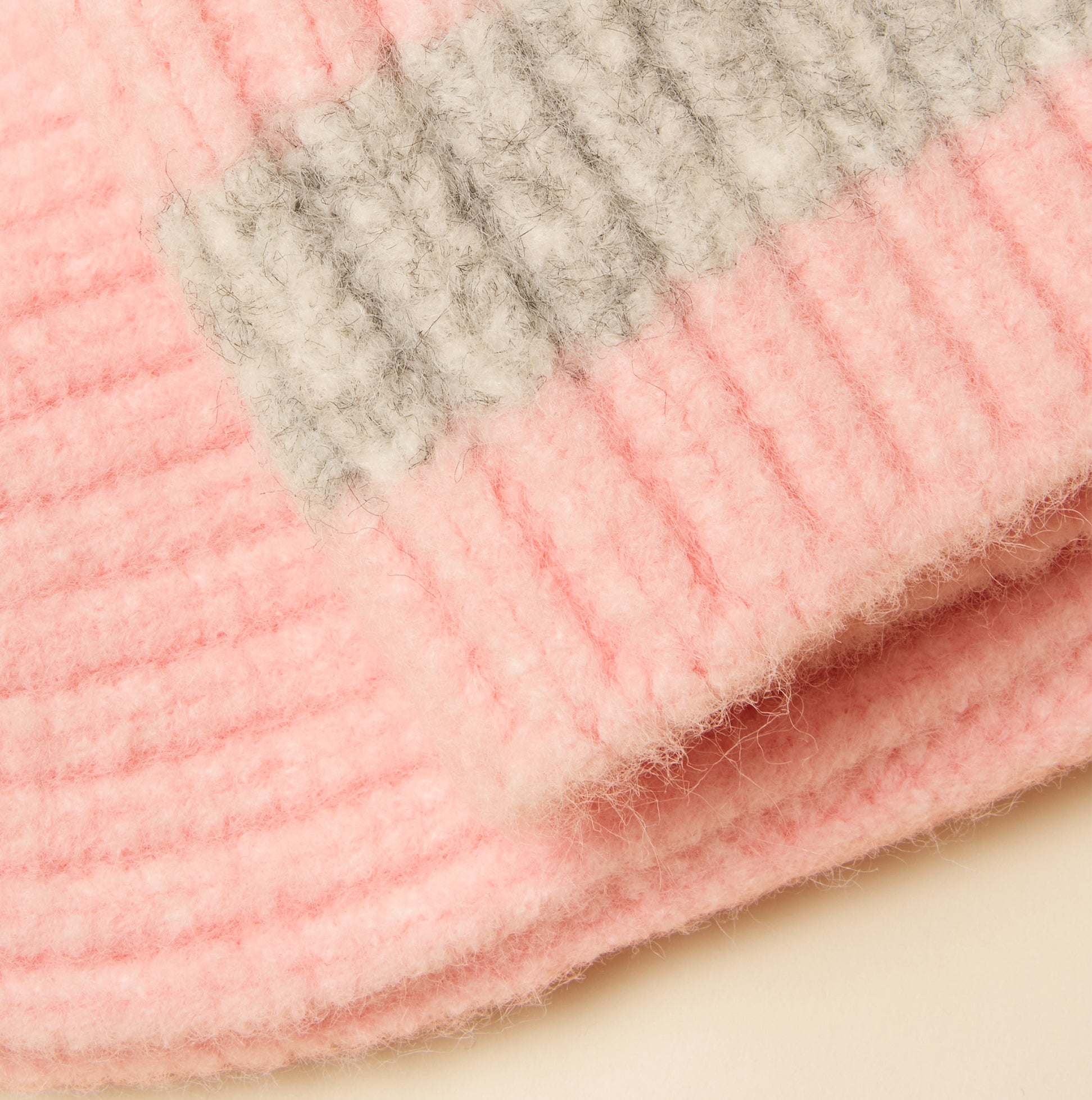 Joules POPLEY STRIPE Womens Beanie Pink/Grey detail view of fabric texture and color stripes