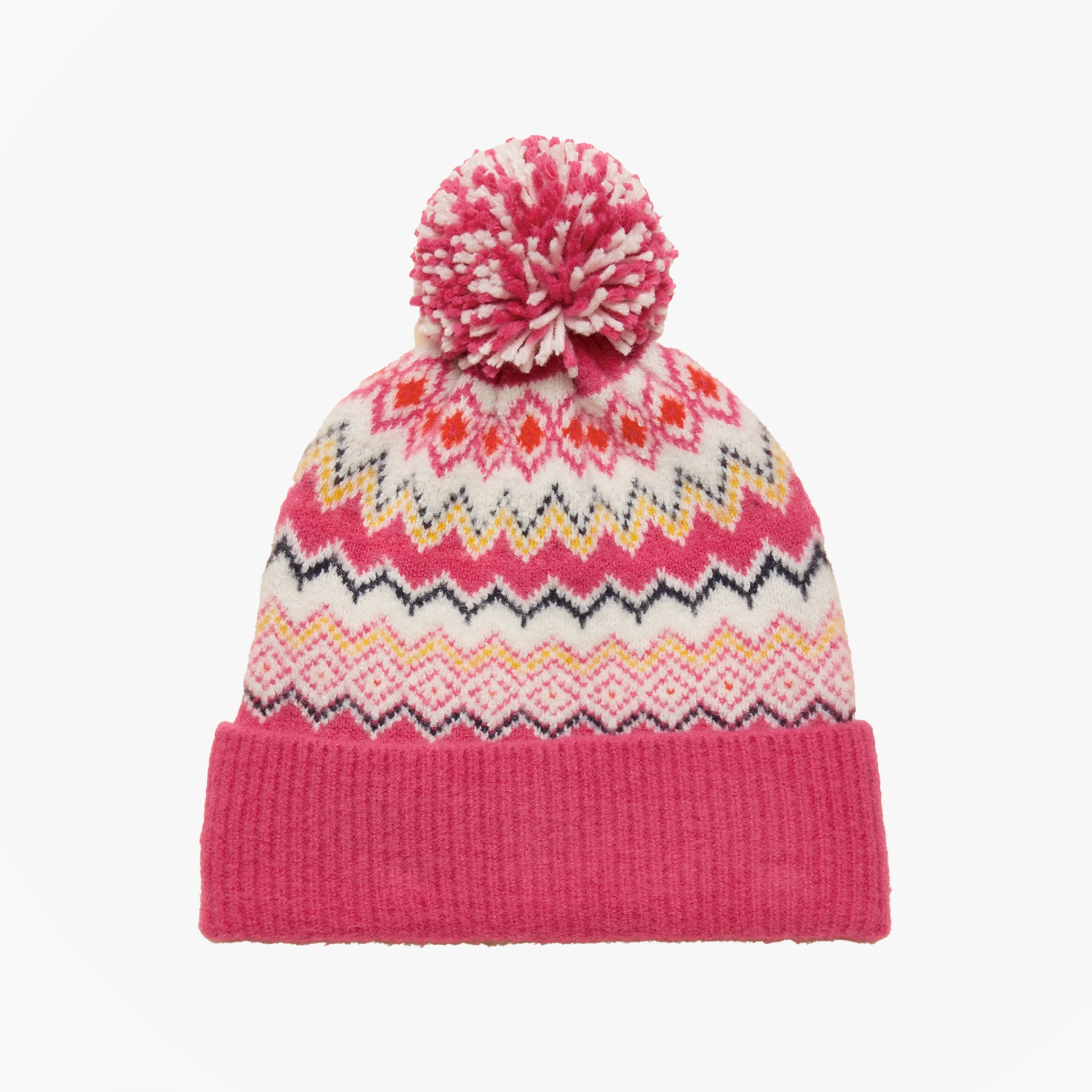 Joules KARA BOBBLE Womens Beanie Hat Pink top view with pom pom and colorful pattern
