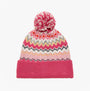 Joules KARA BOBBLE Womens Beanie Hat Pink top view with pom pom and colorful pattern