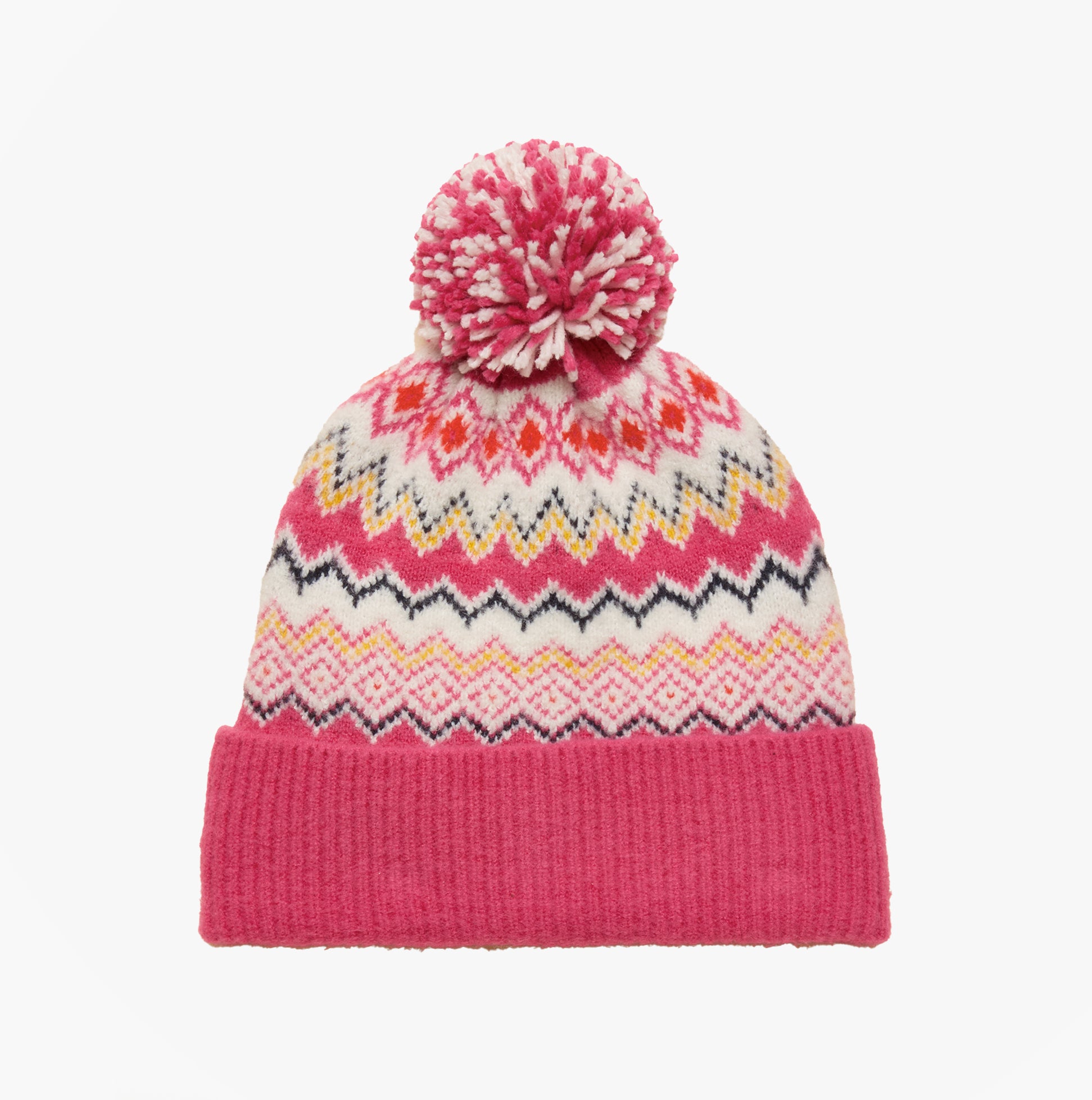 Joules KARA BOBBLE Womens Beanie Hat Pink top view with pom pom and colorful pattern