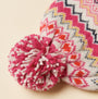 Joules KARA BOBBLE Womens Beanie Hat Pink detail view featuring vibrant pompom and intricate design.