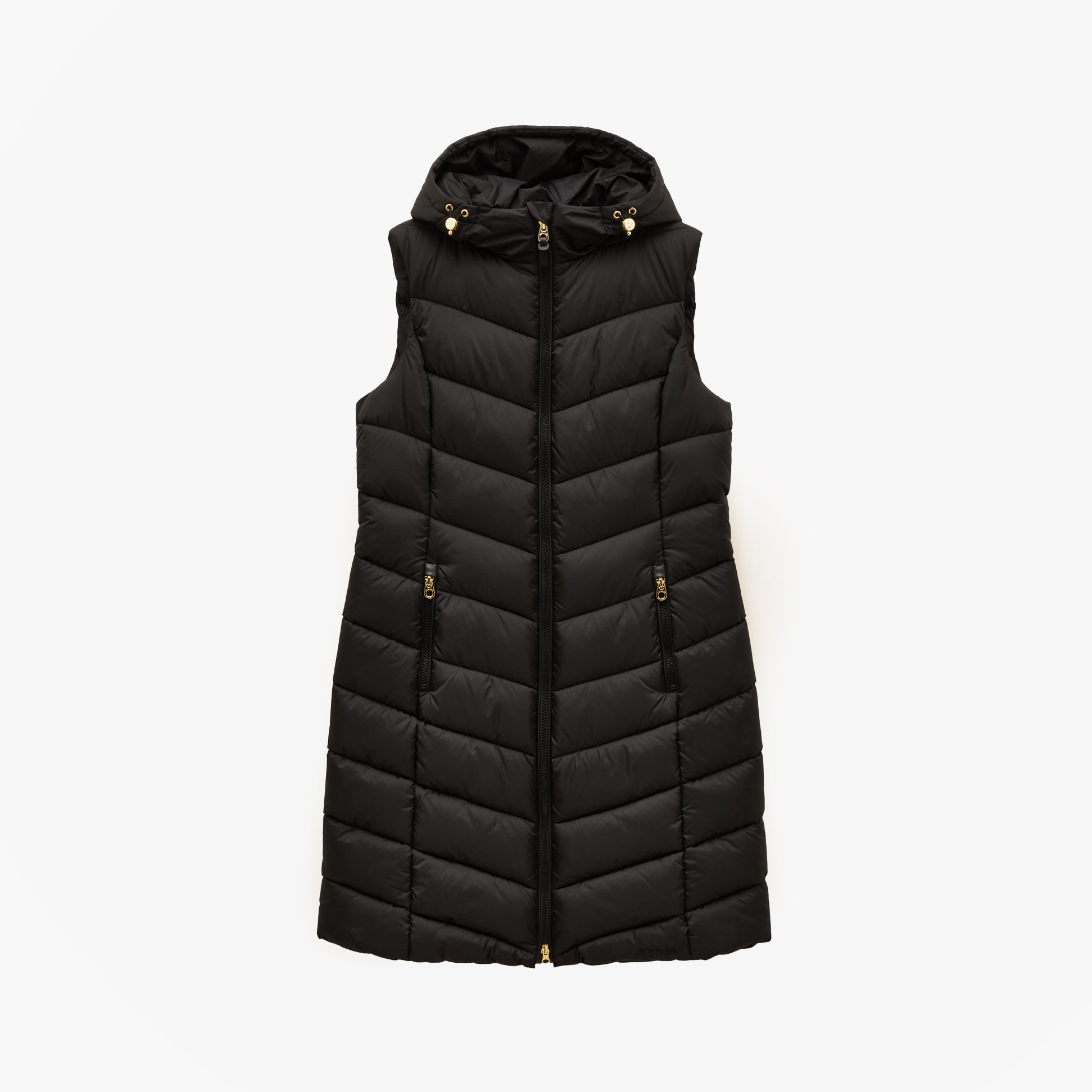 Joules MOORSDALE Womens Longline Showerproof Padded Gilet Black front view with hood and zippered pockets.