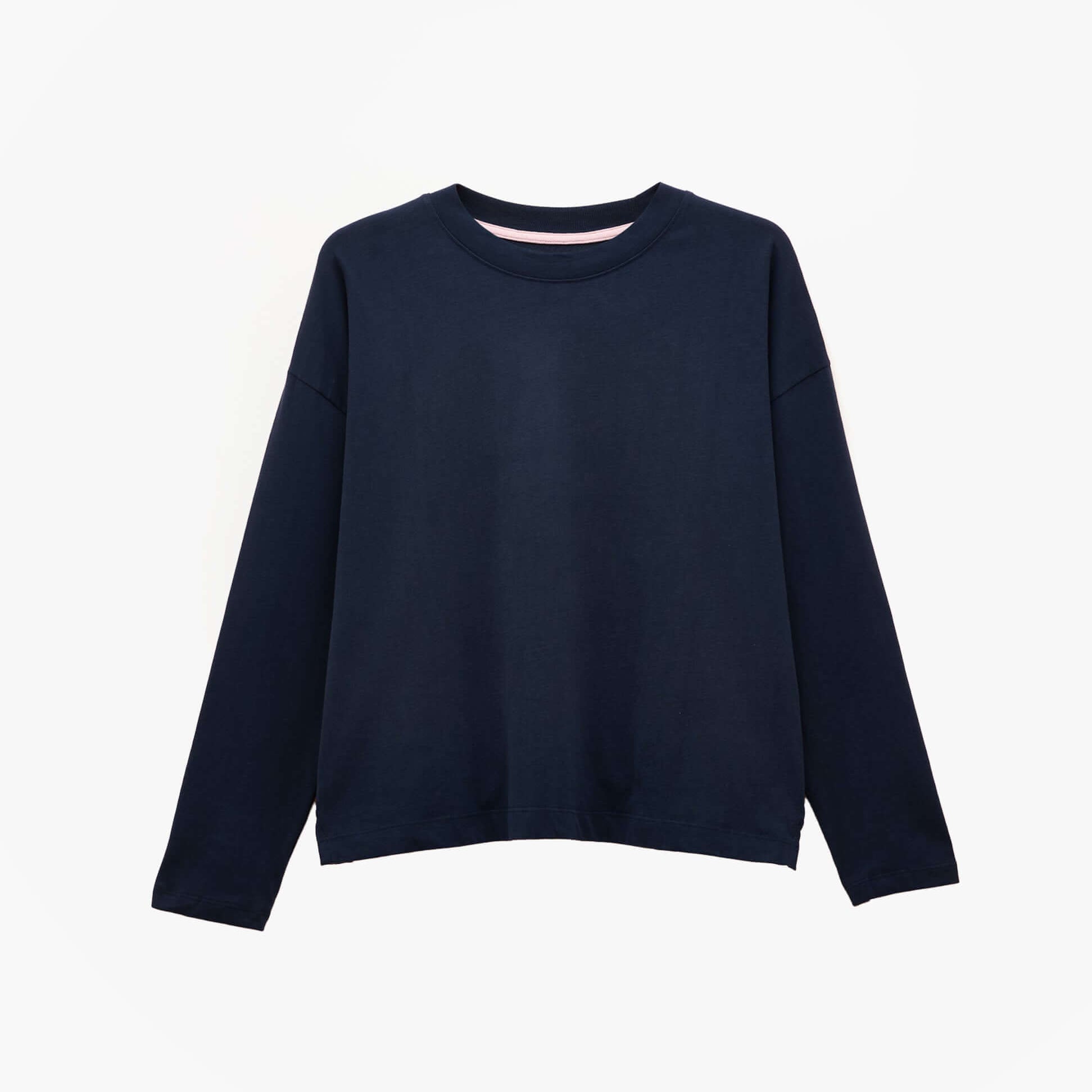 Joules JERSEY Pyjama Top Womens Sweatshirts Navy front view showcasing soft cotton fabric and long sleeves.