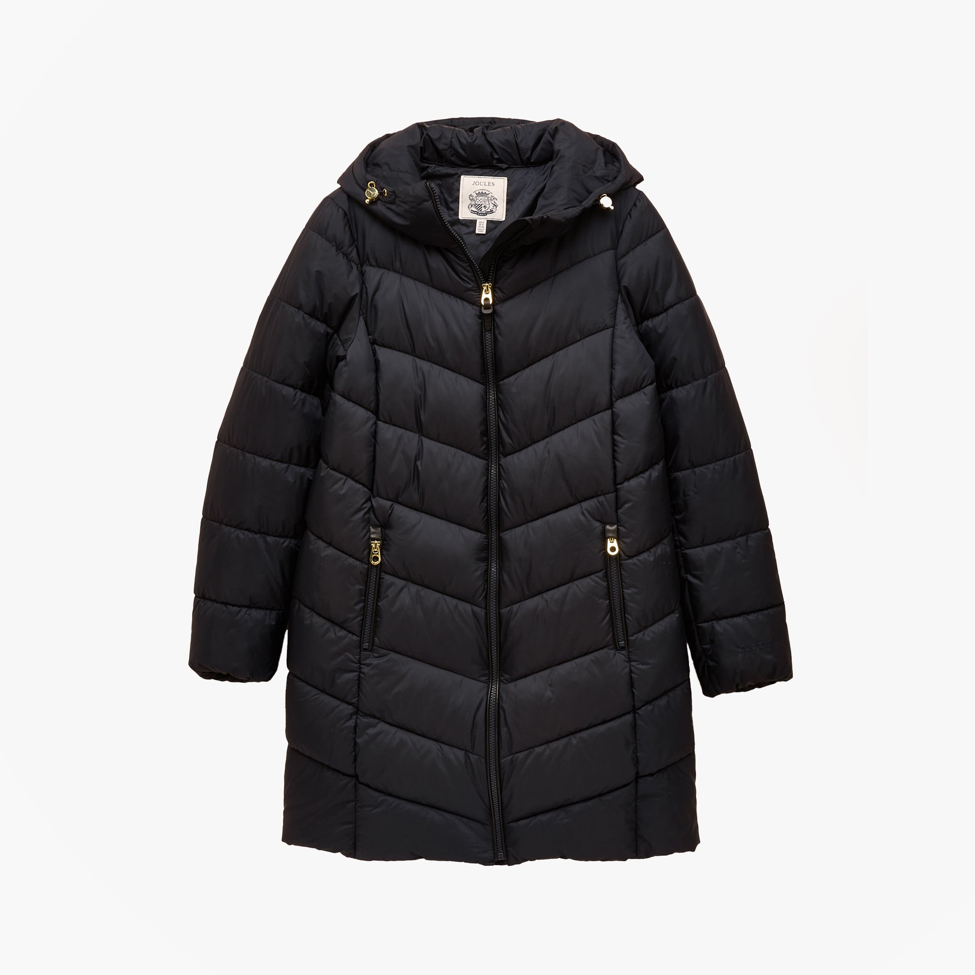 Joules MOORSDALE Womens Long Coat Navy front view showing zip closure and hood in water-resistant material.